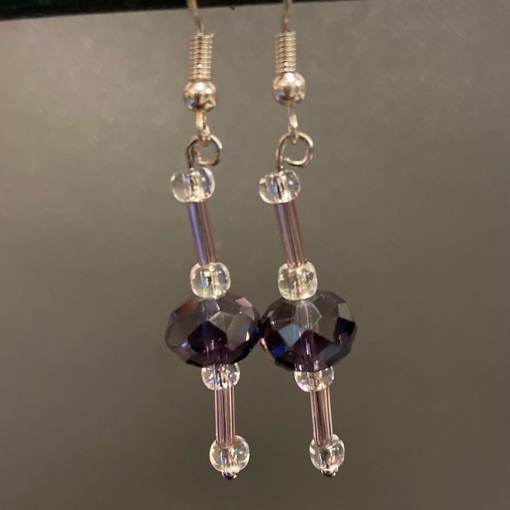 Purple earrings with beads.  Christian artist. Homemade.